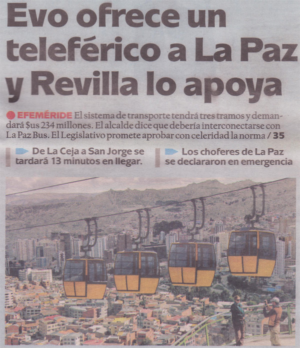 Projet de tlphrique  La Paz en une de Pagina Siete